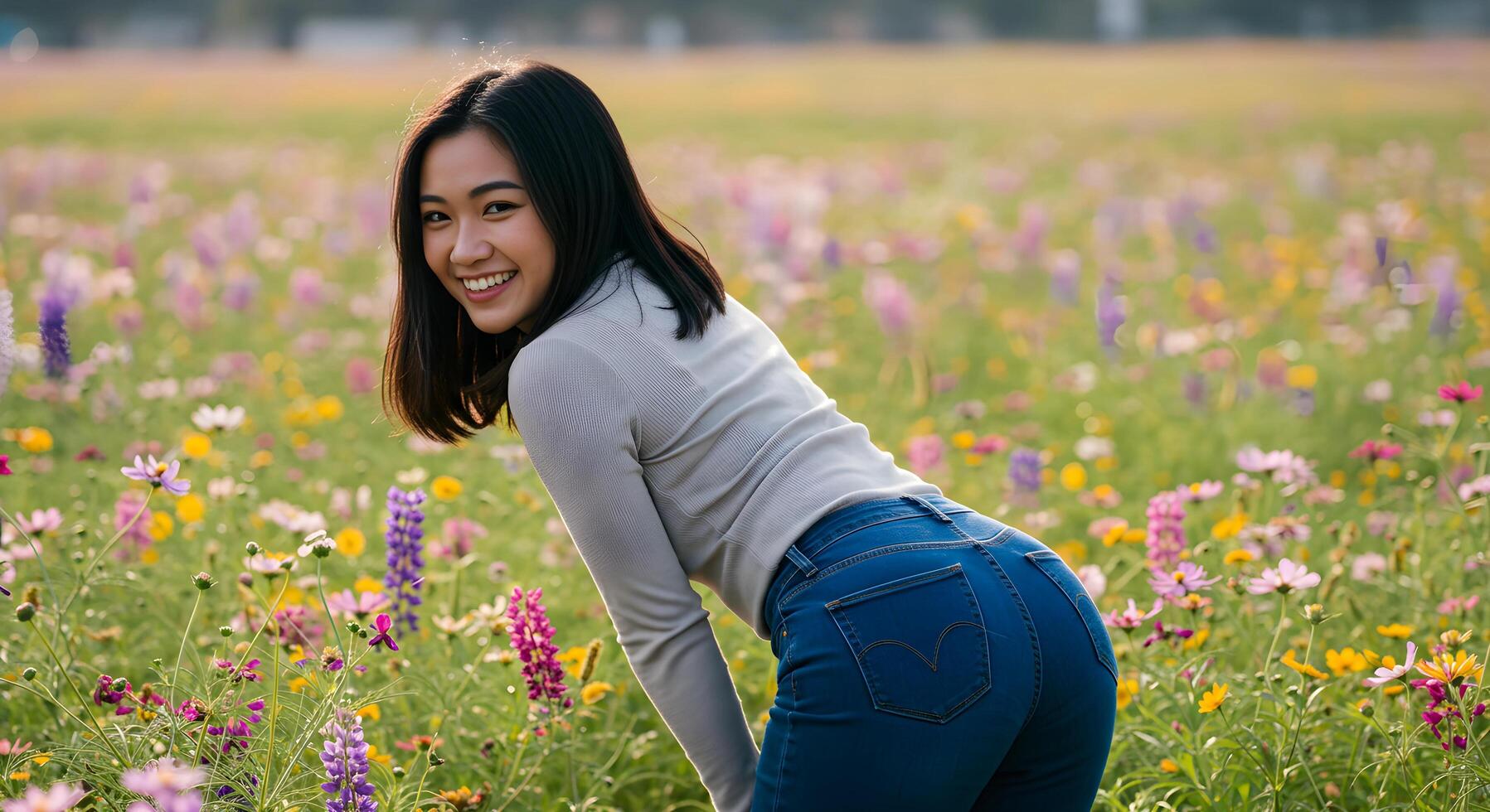 Fashionable young woman in form-fitting denim, posing playfully with a smile, suitable for casual wear advertisements. photo