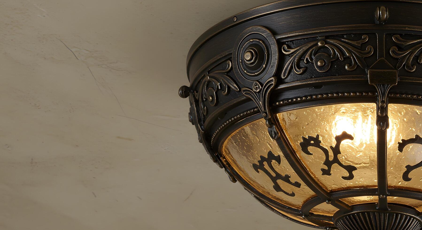Steampunk interior. Industrial steampunk ceiling fixture with brass pipes and mechanical elements photo