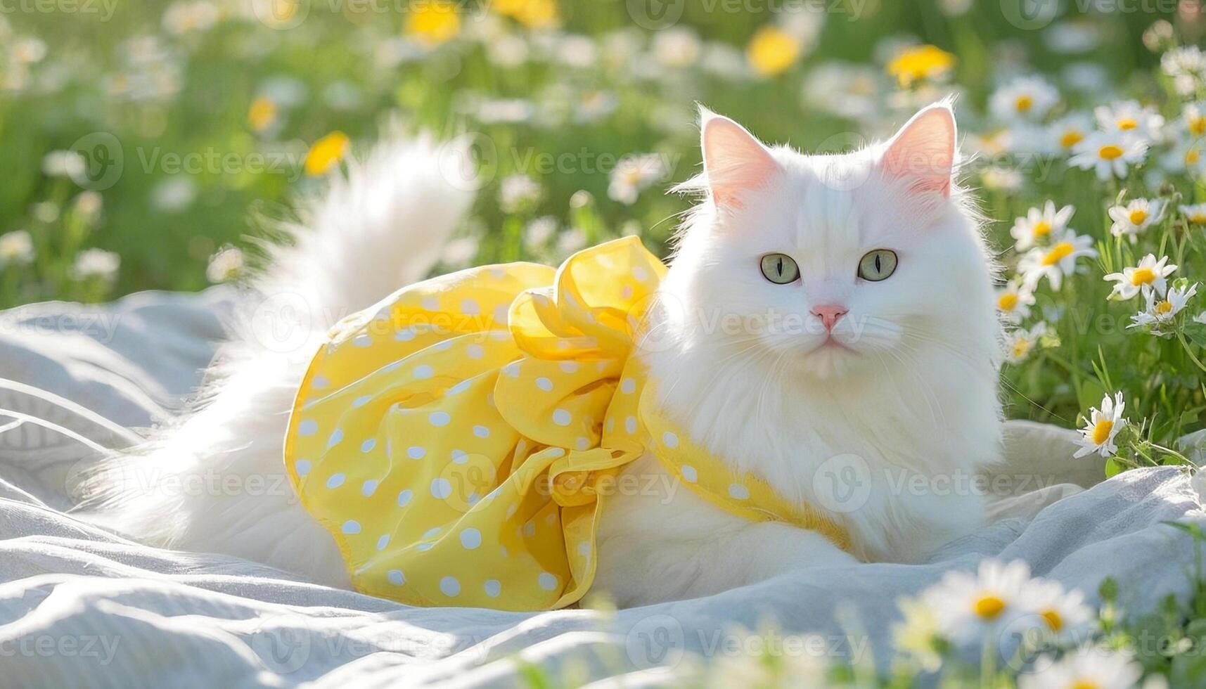 A white cat in a yellow dress laying on a blanket photo