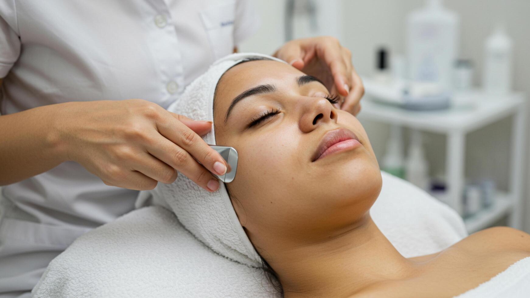 Relaxed Latin woman in spa facial session, clean clinic backdrop photo