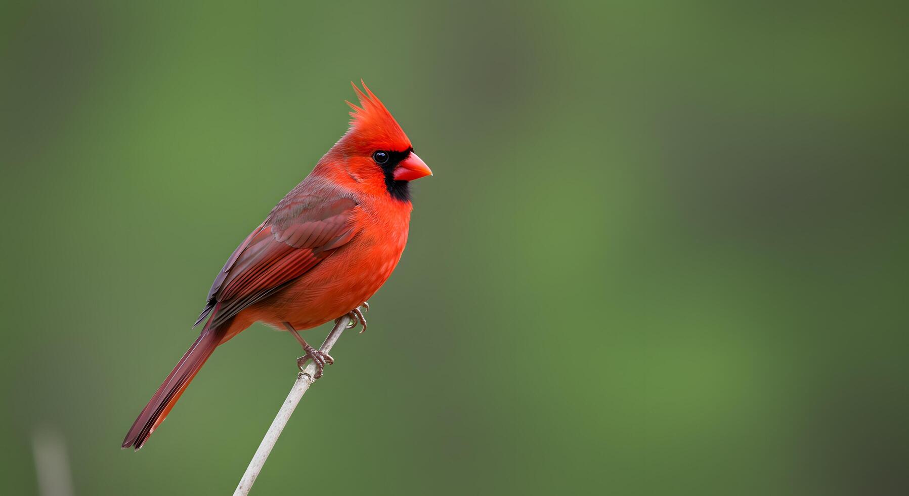 Beautiful northern cardinal on a twig, its red feathers contrasting against a soft-focus nature scene. photo