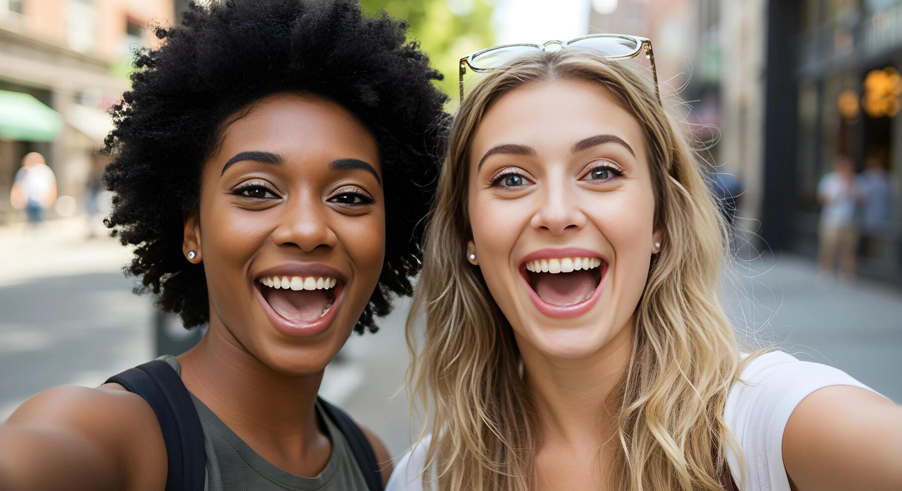Playful selfie moment of two diverse women laughing and making goofy expressions, radiating happiness. photo