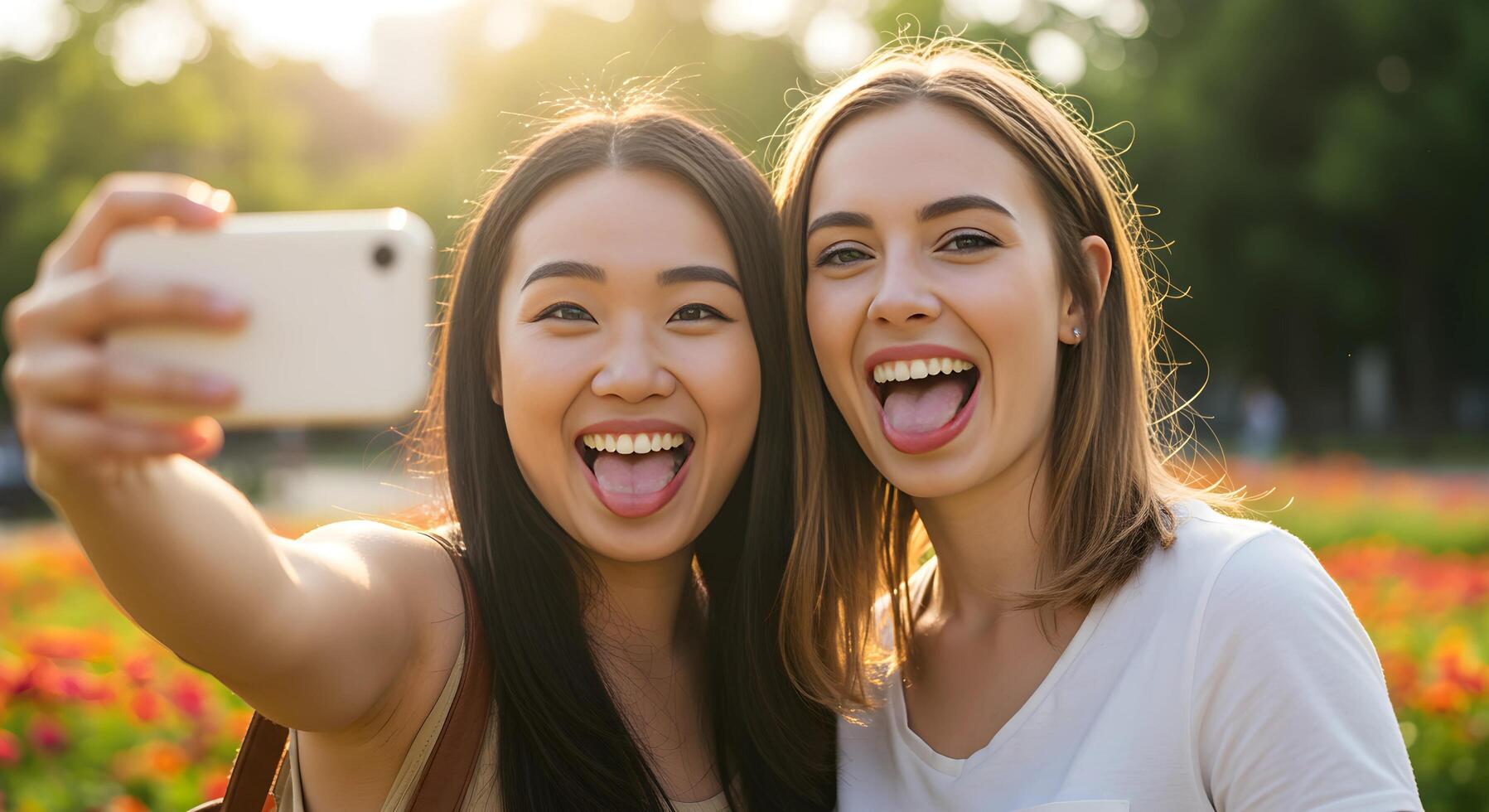 Two best friends of different ethnicities sharing a joyful moment, making silly faces for a selfie. photo