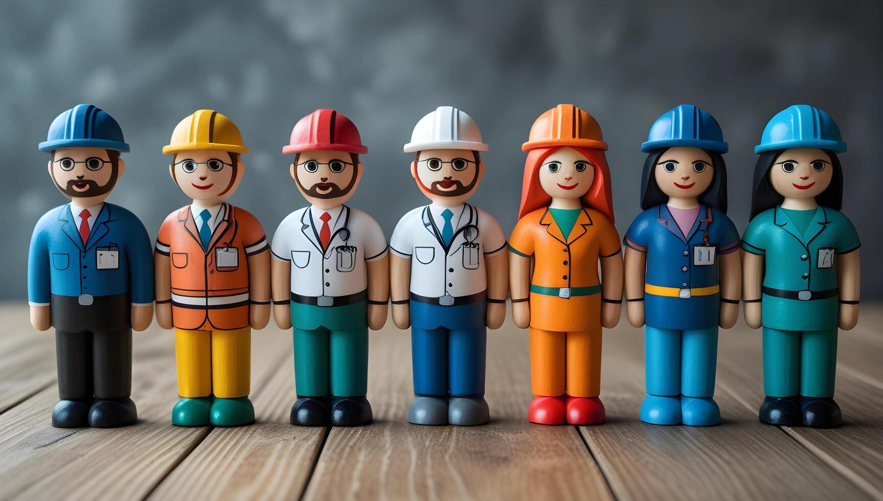 Career path, Miniature wooden workers in a row, showcasing various professions on a wooden surface. photo