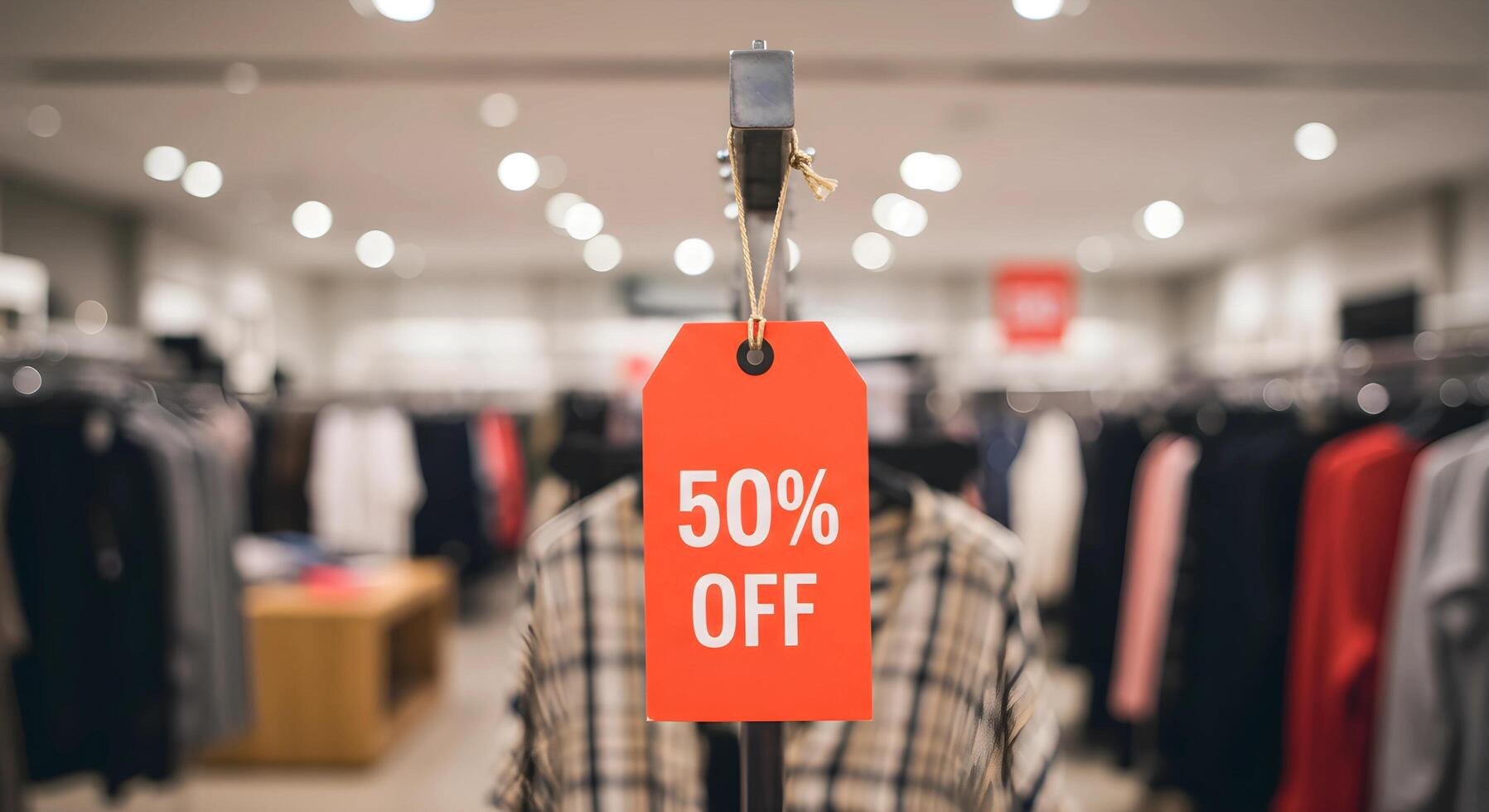 Discount, A red sale label with large 50 OFF text attached to a clothing hanger. photo