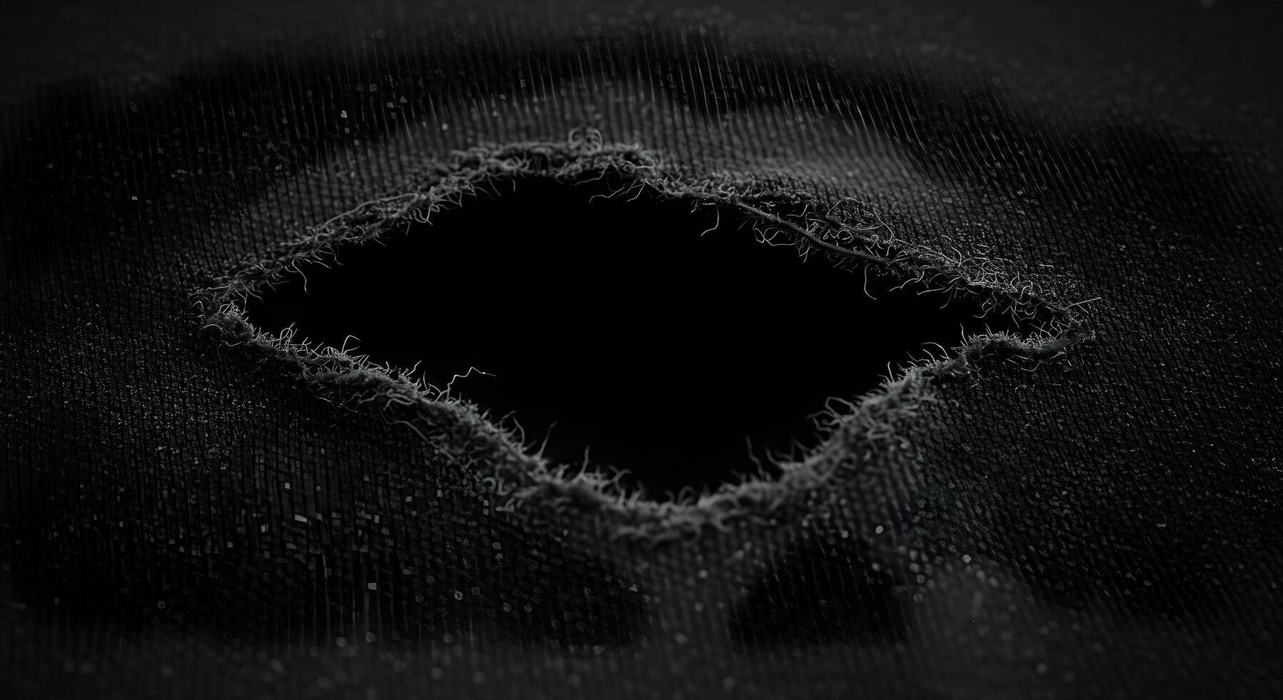 Close-up of ripped black denim fabric, exposing detailed thread patterns and worn-out fibers. Fabric rips texture. photo