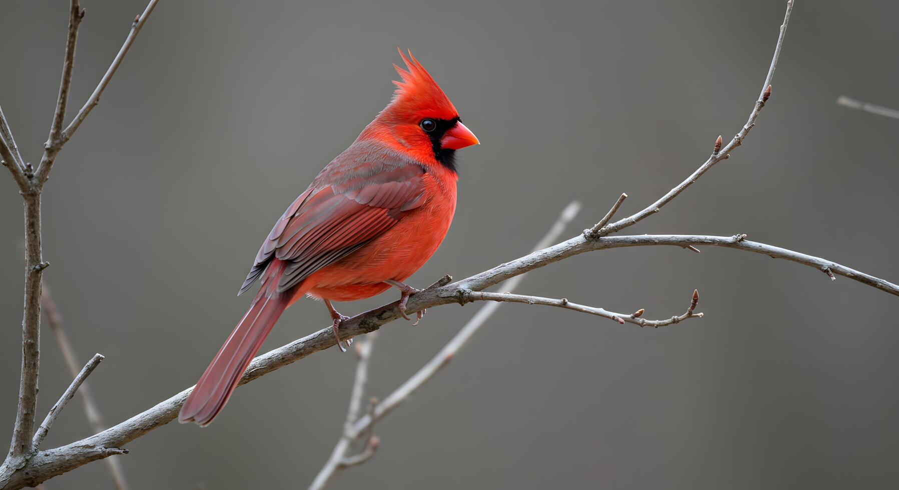 Bright red cardinal perched on a branch, set against a soft, blurred outdoor background. photo