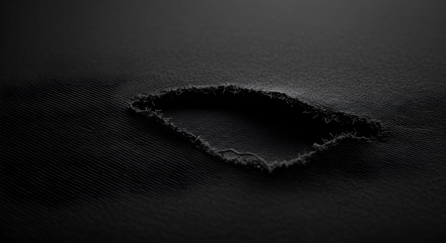 Torn black cloth with frayed threads, creating an edgy and rough aesthetic for backgrounds. Fabric rips texture. photo