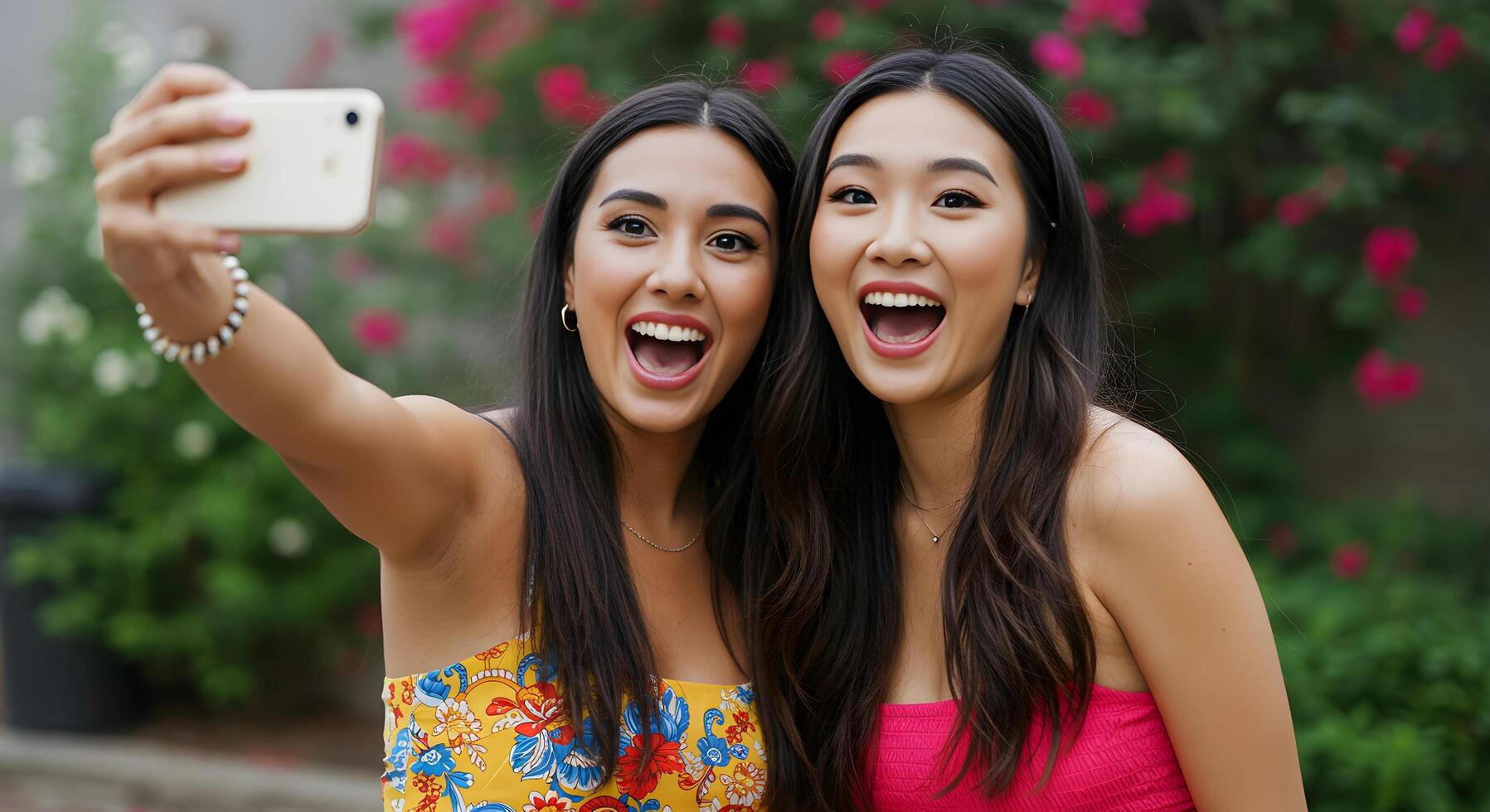 Close-up of two multicultural friends sticking their tongues out for a fun selfie, perfect for social media and friendship themes. photo