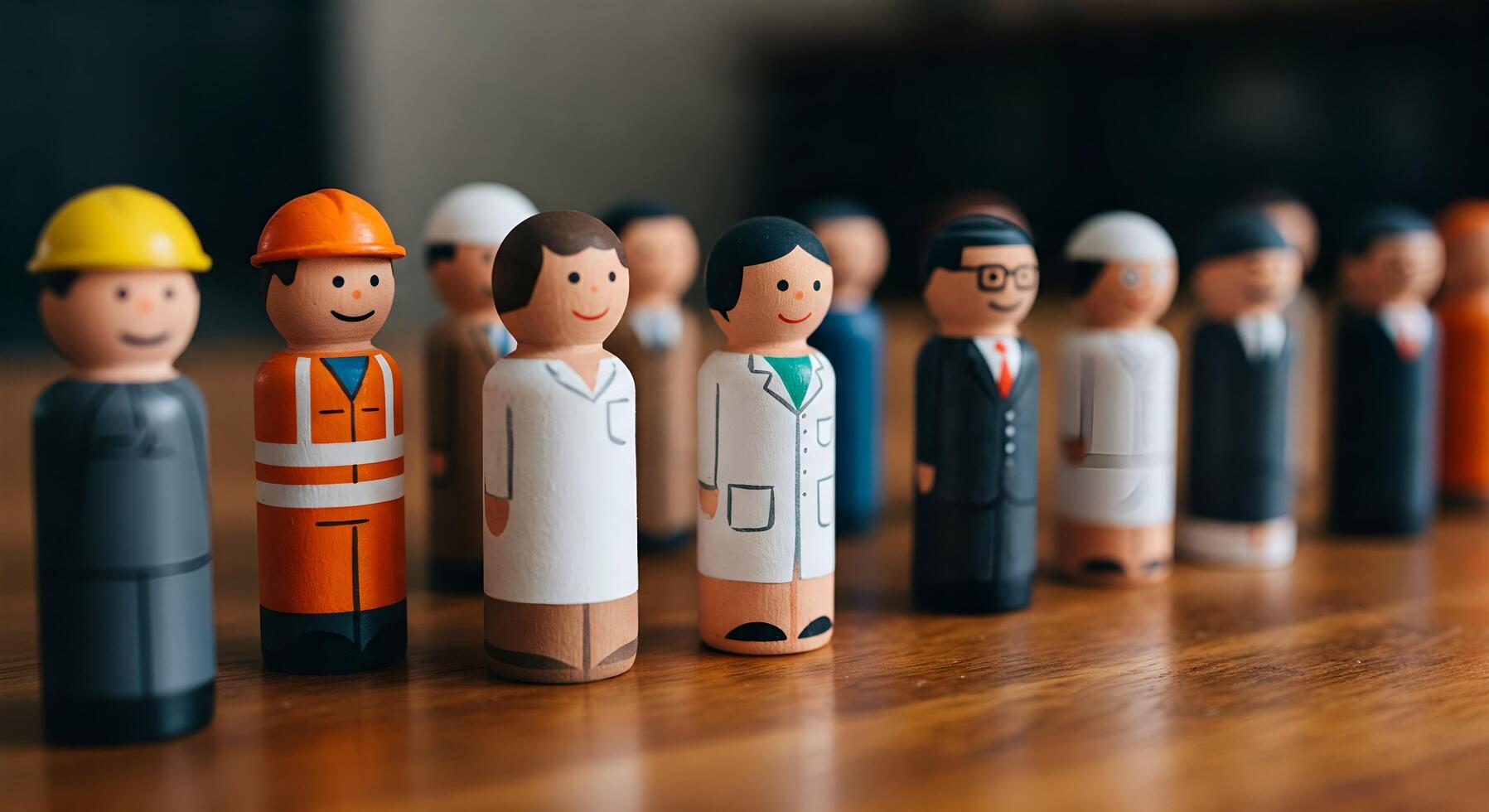 Career path, Wooden figurines in colorful uniforms representing diverse careers, perfect for career guidance materials. photo