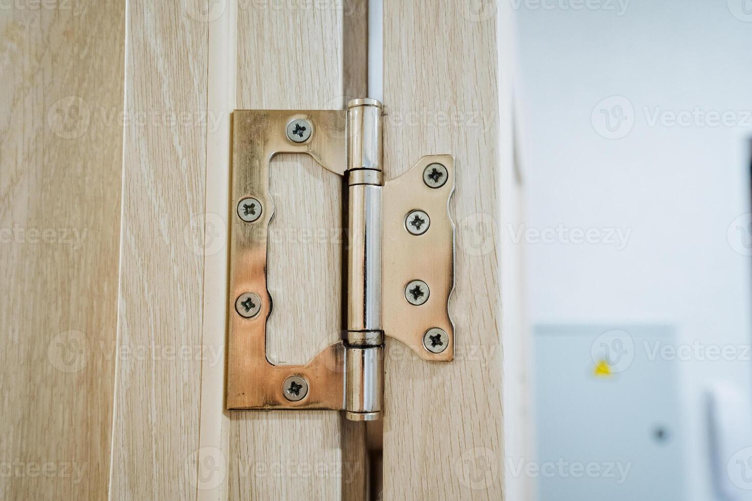 This is a detailed closeup view of a door hinge that is part of a beautifully crafted wooden door, showcasing its intricate design and functionality in a household setting photo