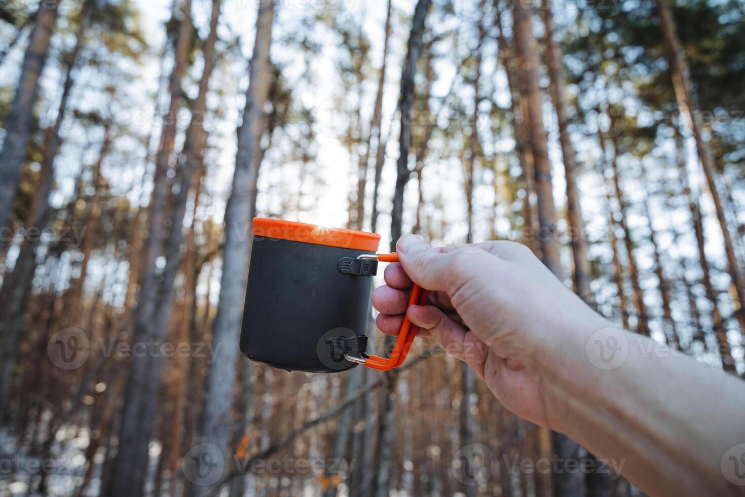 In a peaceful and serene setting, a person takes time to relax, enjoying a steaming cup of coffee surrounded by lush woods, savoring the beauty of nature with every delightful sip photo