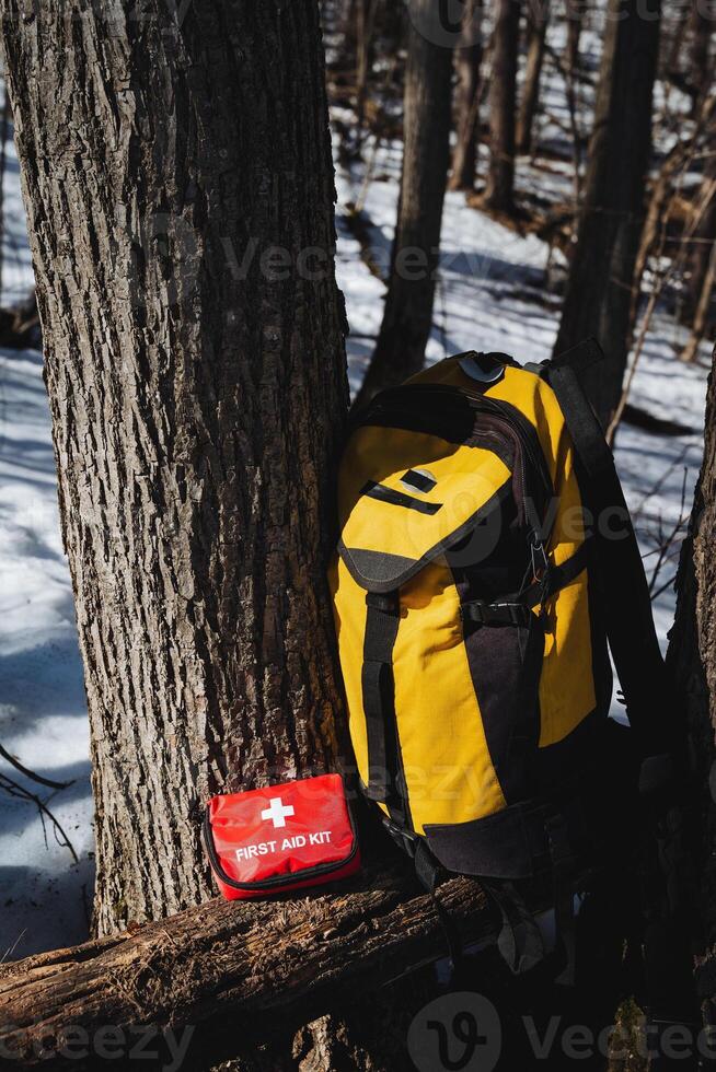 A bright yellow hiking backpack and a wellstocked first aid kit positioned strategically on a tree against the picturesque backdrop of a snowy forest landscape photo