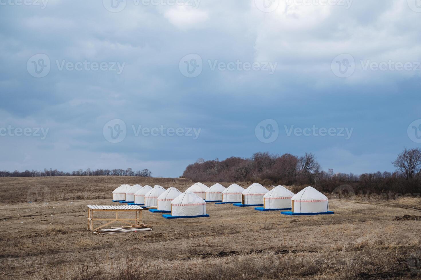 A row of white tents are lined up in a field photo