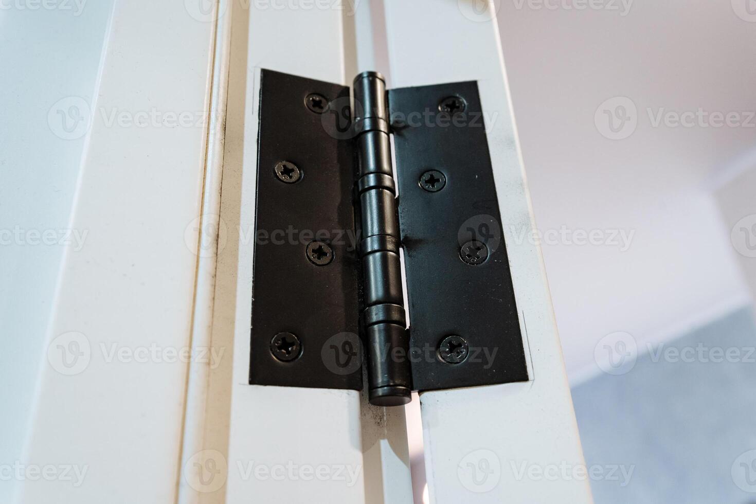 Here is a detailed closeup view of a black door hinge that is mounted on a white colored door, showcasing the contrast and functionality of this piece of household hardware photo