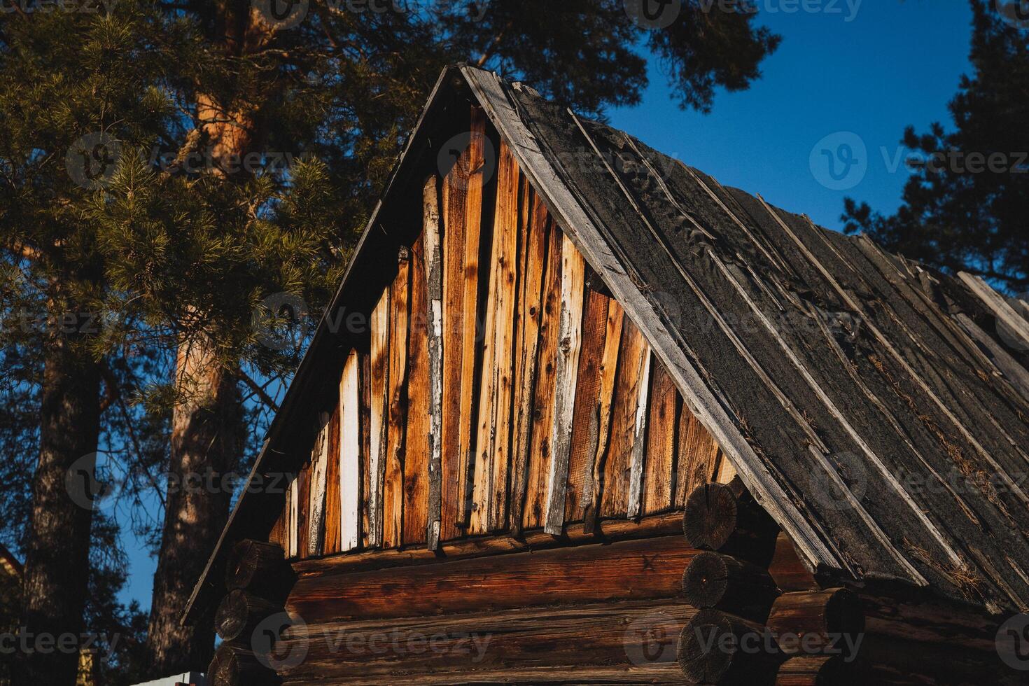 A rustic wooden house with a gently sloping roof is surrounded by lush trees, creating a tranquil setting that enhances the serene beauty of the landscape, perfect for nature lovers photo