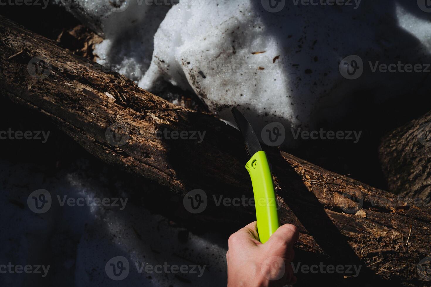 In a picturesque snowy landscape, a vibrant bright green saw is being used to cut a log, embodying the essence of nature and outdoor activities with craftsmanship and adventure photo