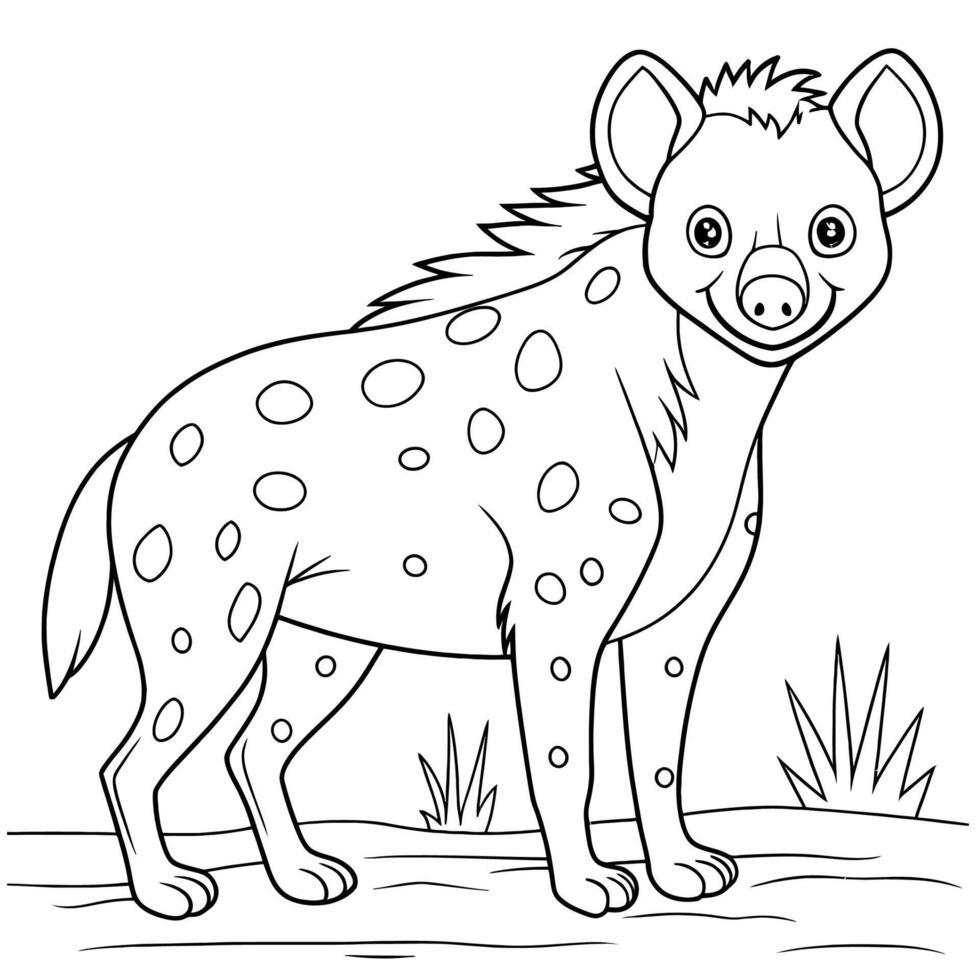 A cheerful, cartoon hyena, depicted in black and white, stands on a simple, grassy plain. vector