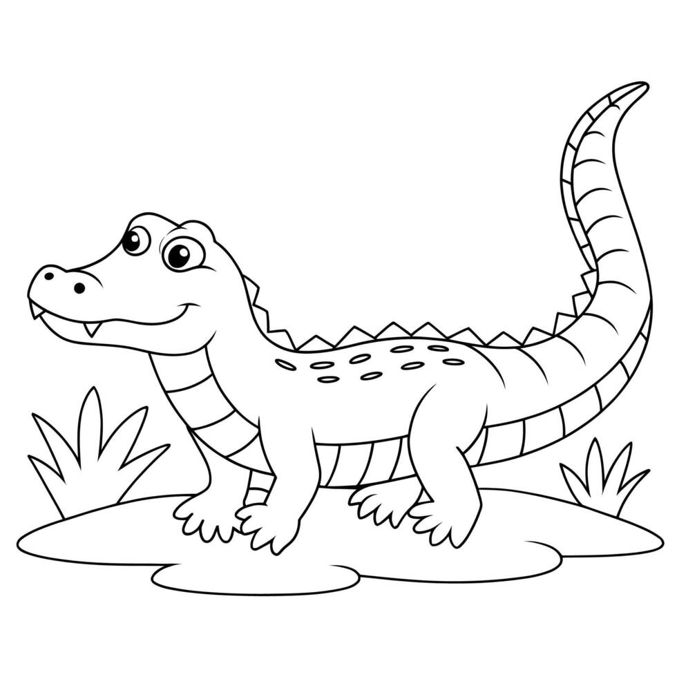 A cheerful, cartoon-style alligator stands on a pond, ready for coloring. vector
