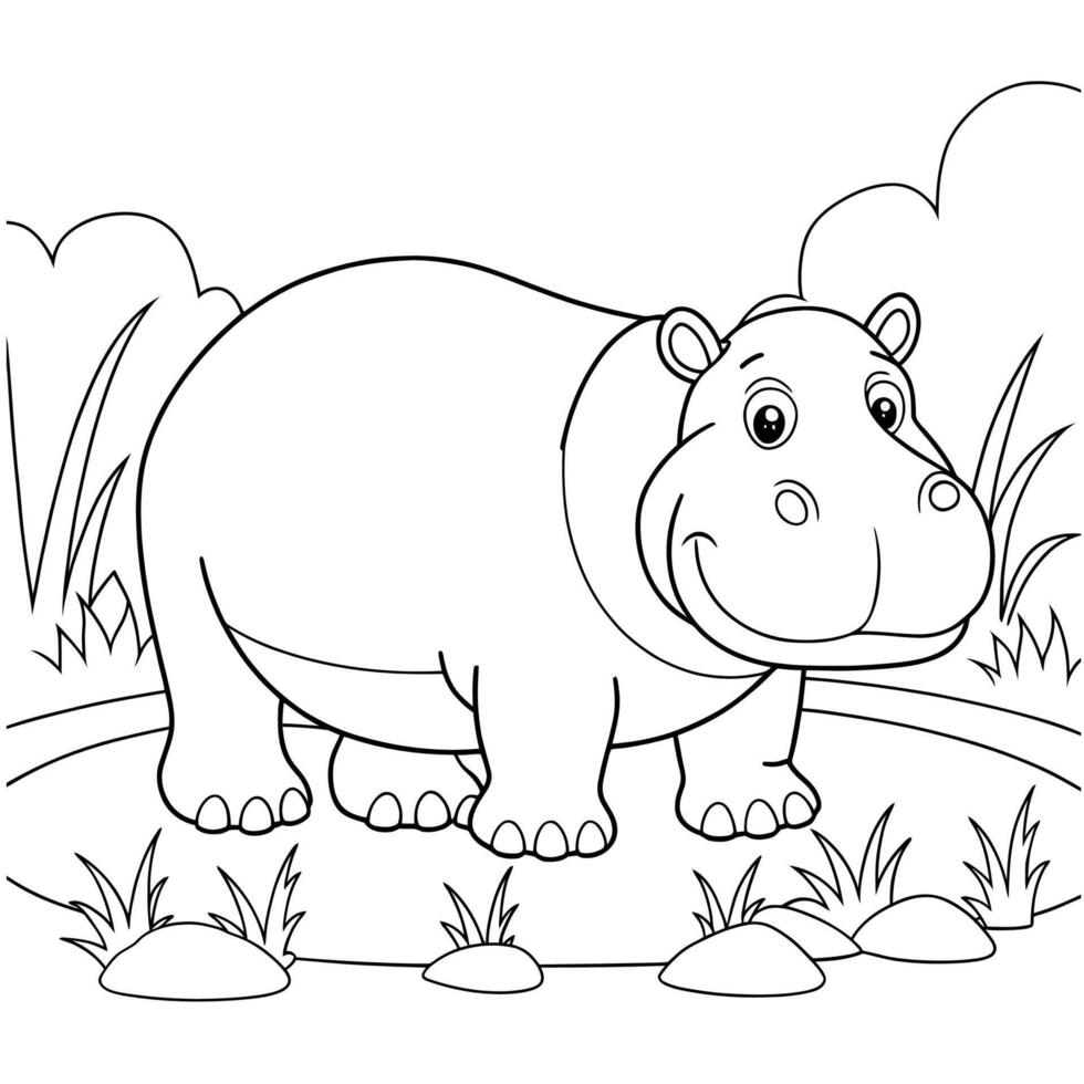 A cheerful, cartoon-style hippopotamus in a simple line drawing. vector