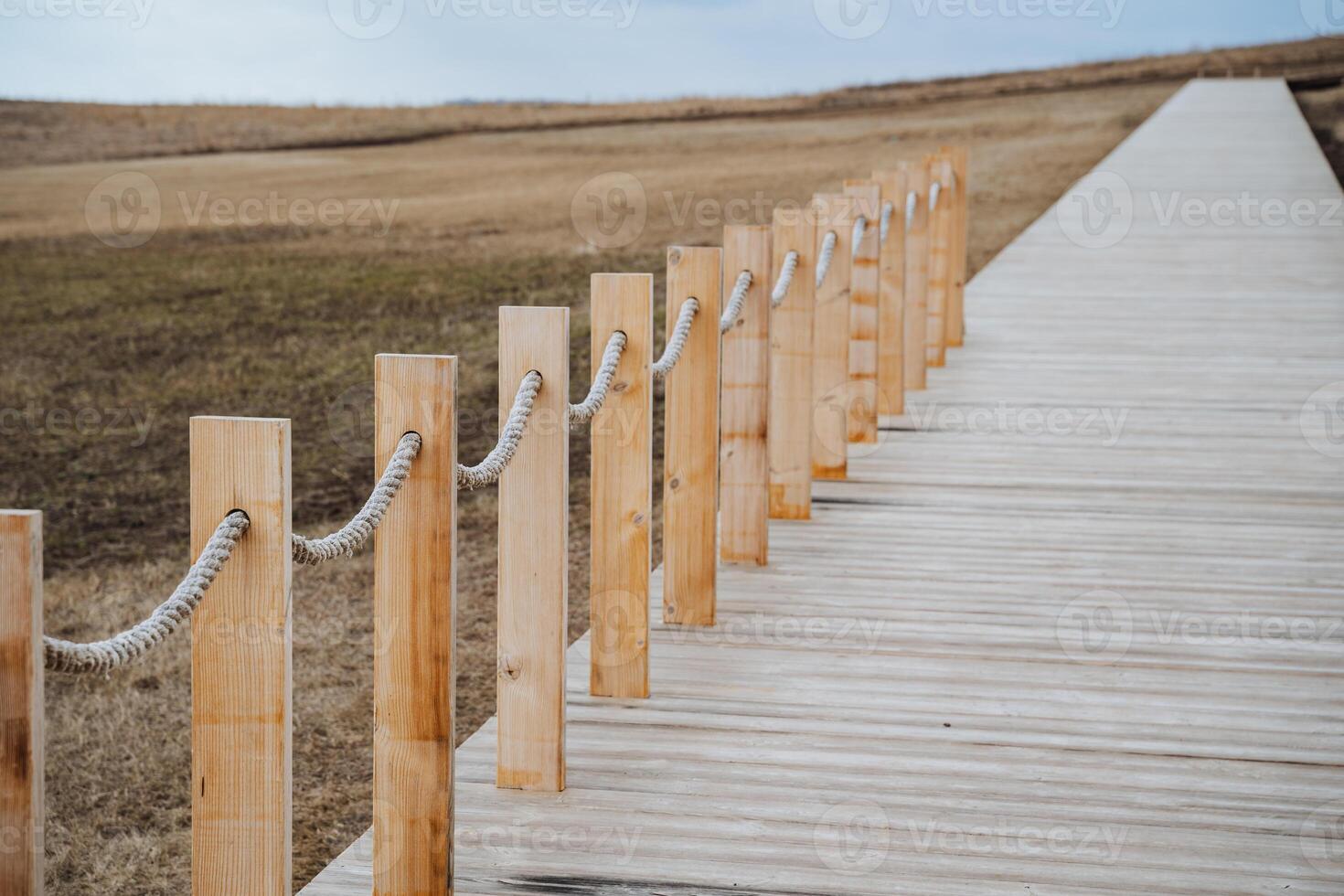 A rustic wooden walkway with a rope fence guides visitors through a serene field filled with lush greenery and vibrant blooms, creating a picturesque and delightful scene photo