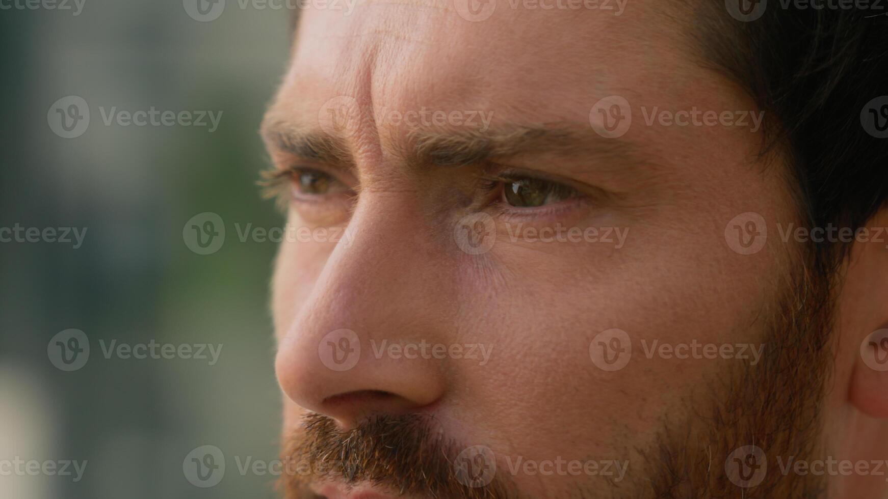 Extreme close up eyes wrinkled skin face of happy smiling pensive Caucasian middle-aged businessman adult business man male guy in city look away looking at camera health vision cataract medicine photo