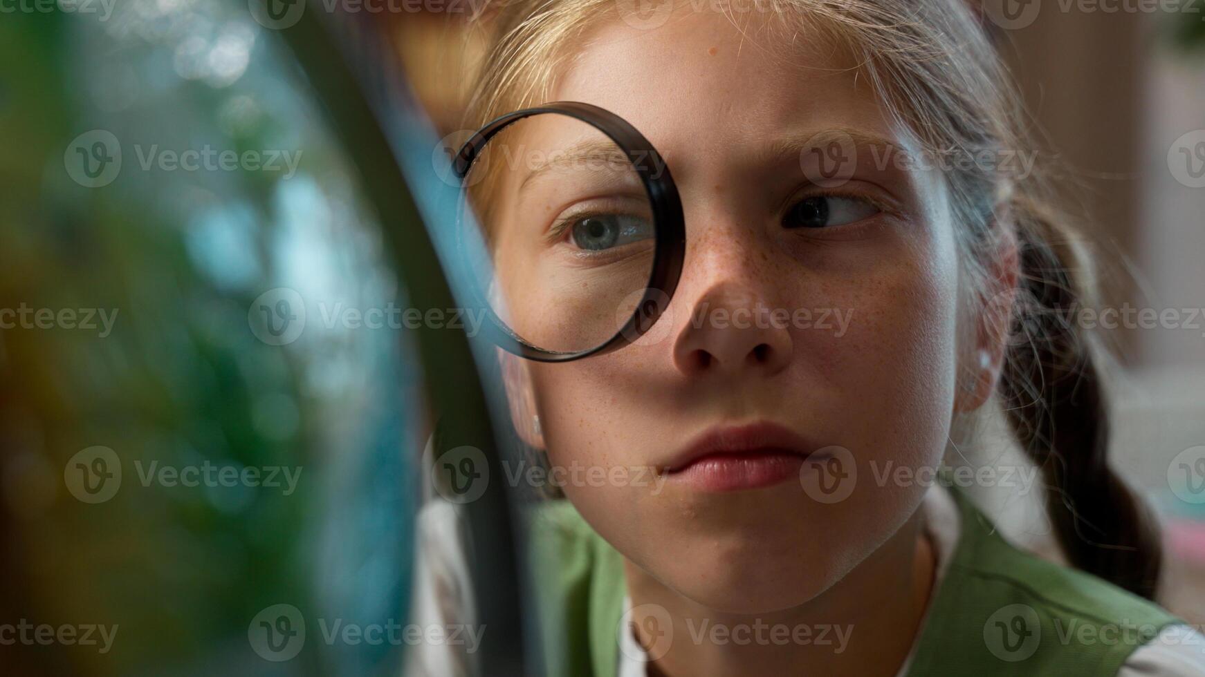 Smart clever curious Caucasian little girl schoolkid child school kid overworked schoolgirl pupil student using magnifying glass looking globe world map research project studying learn indoor library photo