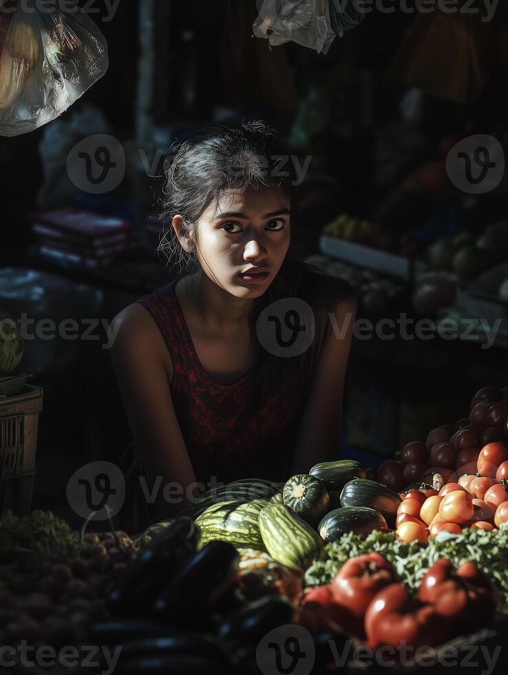 Photo of a teenage Indian selling vegetables and fruits at a market
