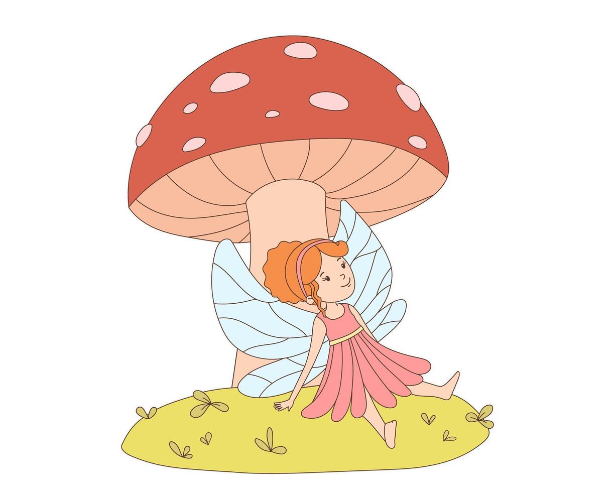 Cute little fairy sitting under mushroom isolated on white background. illustration for kids vector