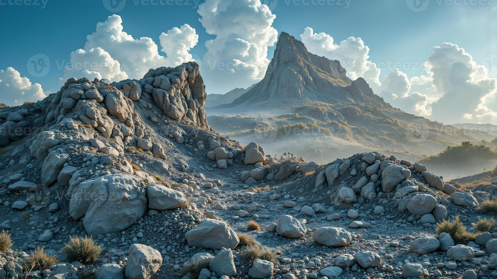Majestic Mountain Landscape Surrounded by Clouds and Rocky Terrain photo