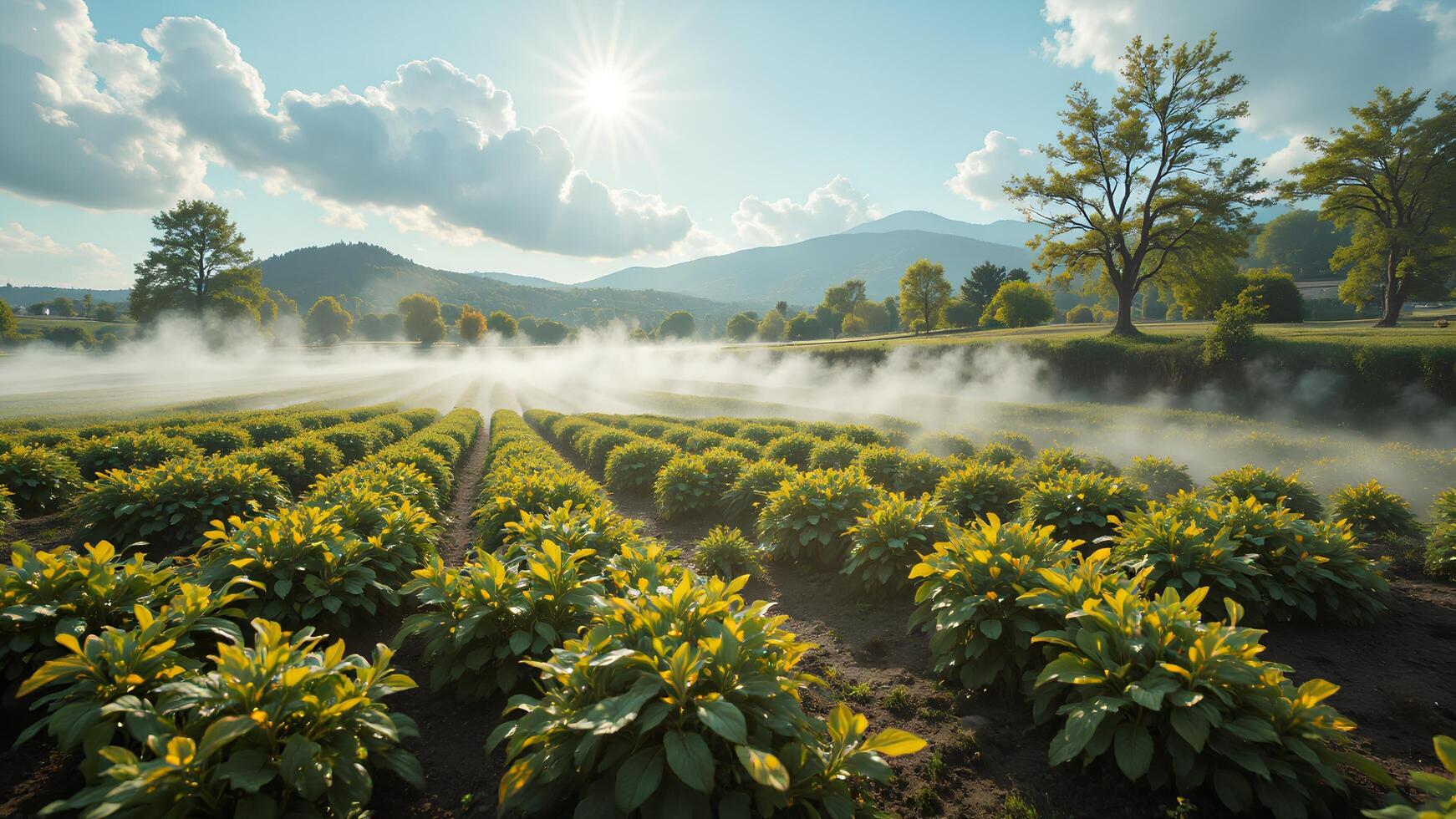 Morning Mist over Lush Green Field with Sunlight and Mountains photo