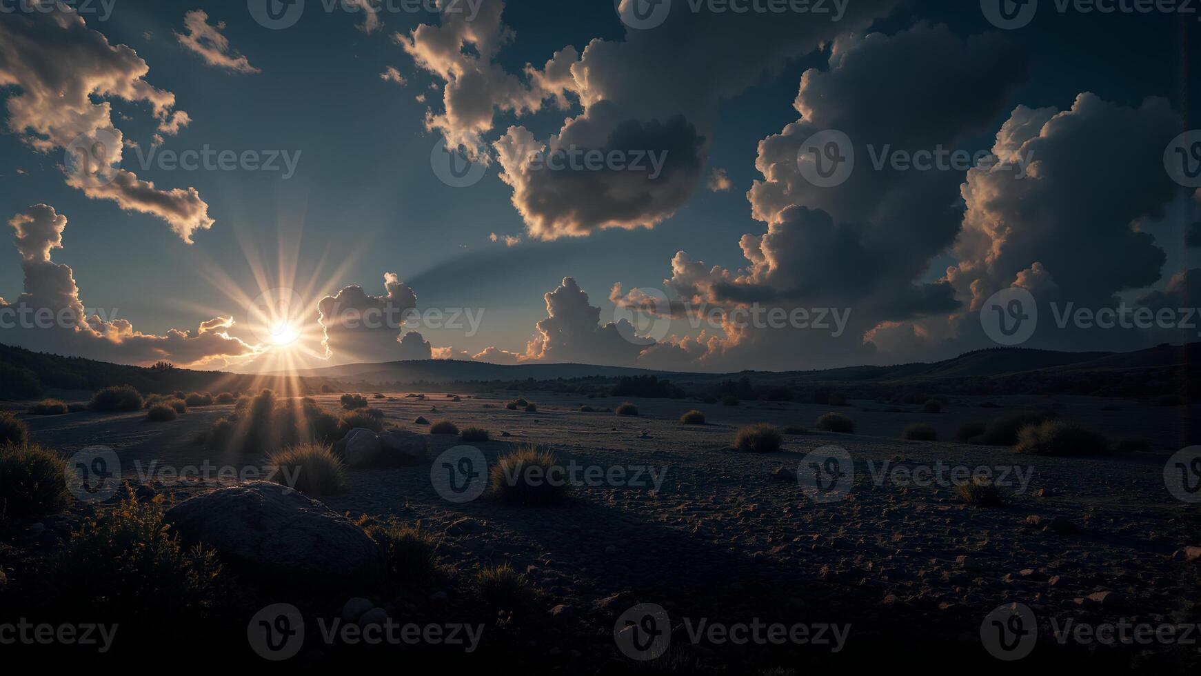 Stunning Sunset Over Desert Landscape with Dramatic Cloud Formation photo