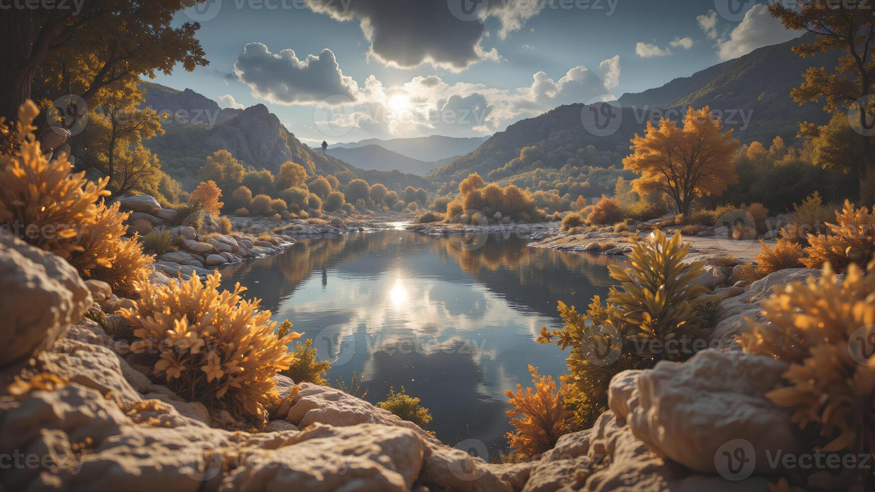 Serene Landscape of Rocky River at Sunrise with Colorful Foliage photo