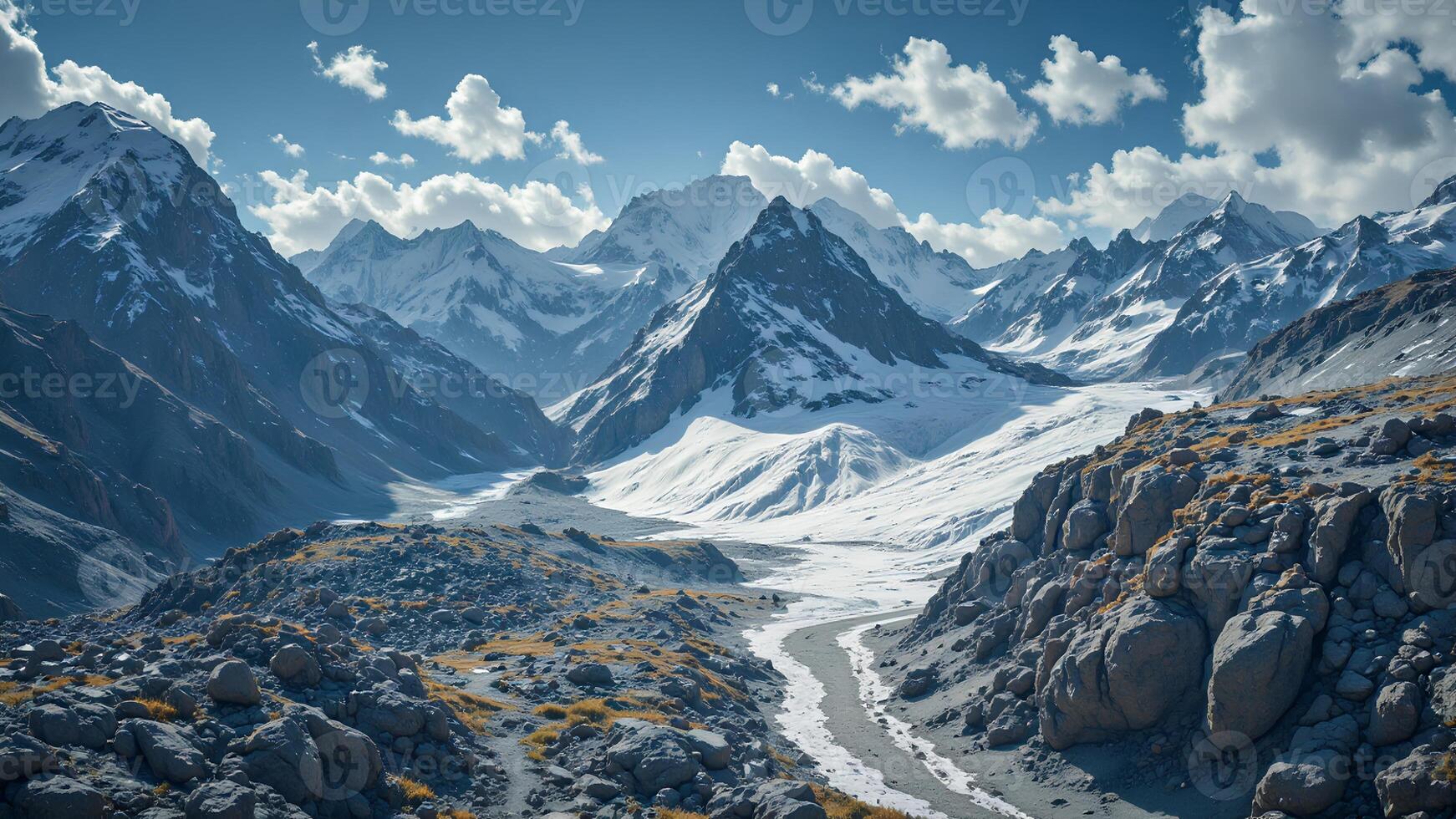 Majestic Snow-Capped Mountains Under Bright Blue Sky with Clouds photo