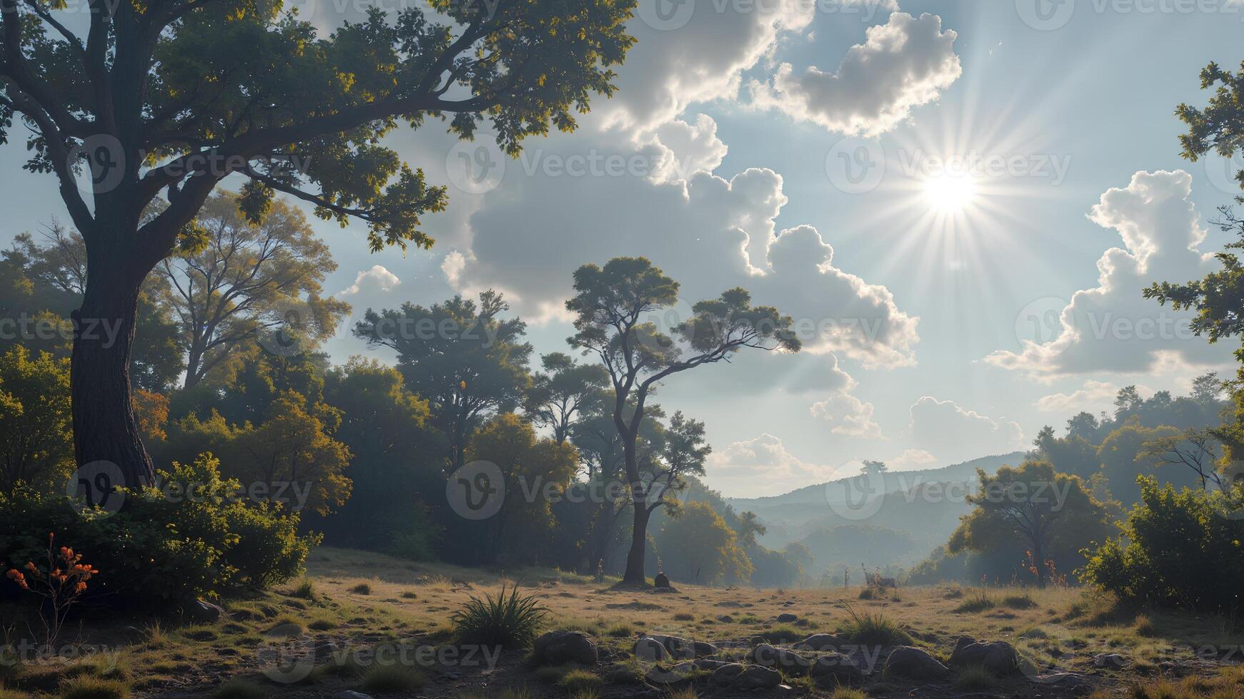 Tranquil Landscape with Sunlight Peeking Through Soft Clouds photo