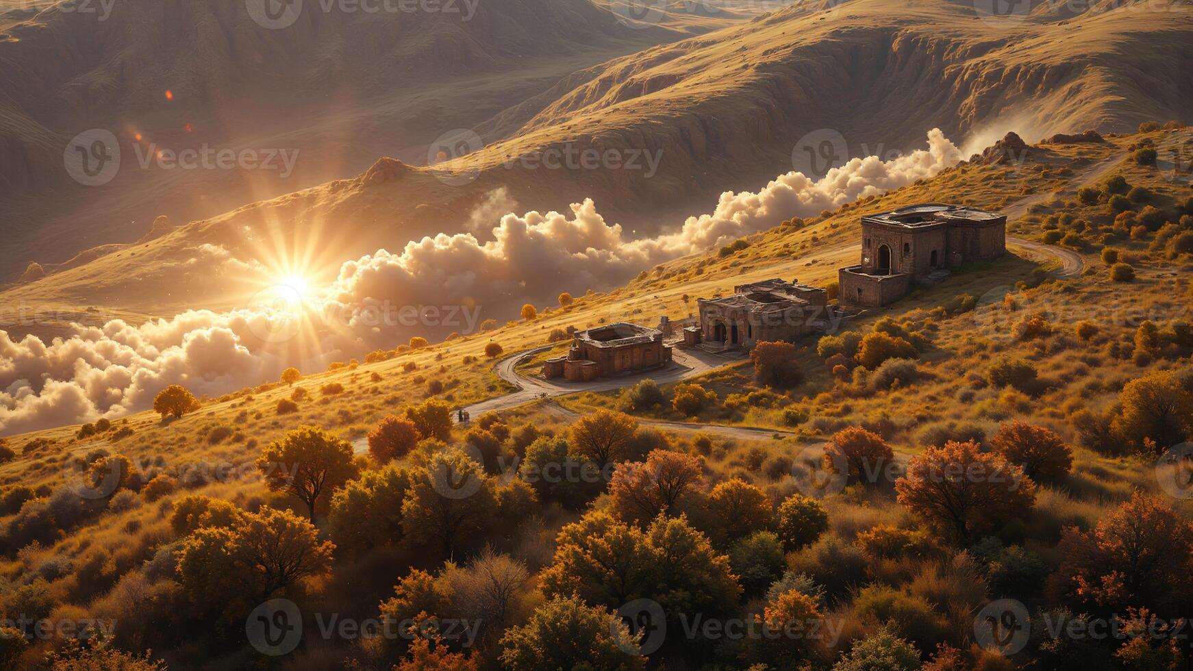 Breathtaking Sunrise Over a Misty Valley with Abandoned Buildings photo