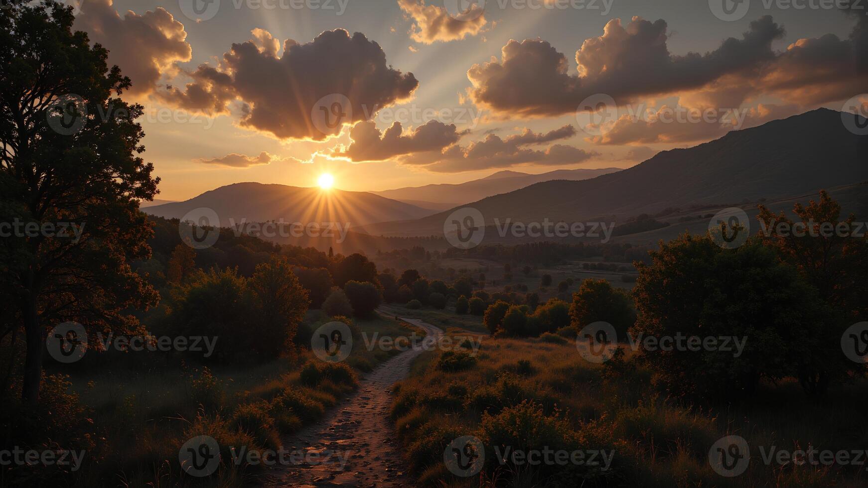 Serene Sunset Over Mountain Valley With Sun Rays and Clouds photo