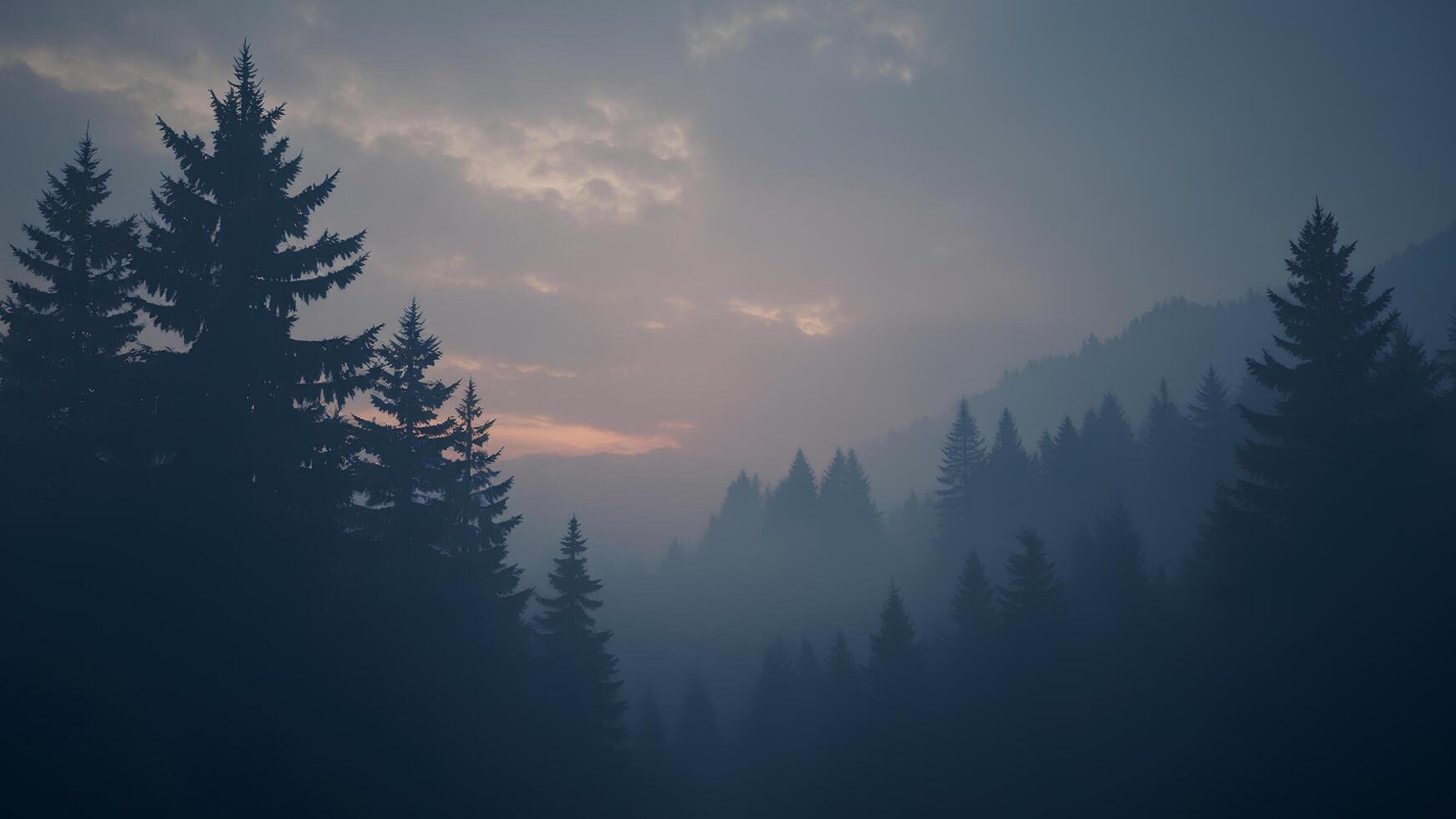 Misty Forest Landscape at Dusk in Soft Natural Hues and Calm Atmosphere photo