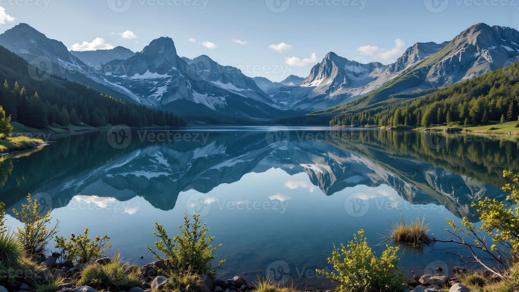 Serene Mountain Landscape with Calm Lake and Reflection in Nature photo