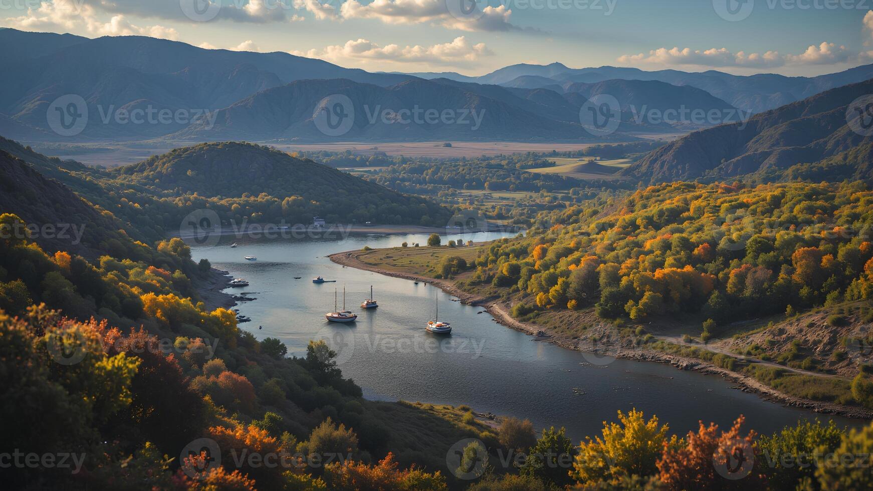 Serene Autumn Landscape with Boats on Calm Lake and Mountains photo