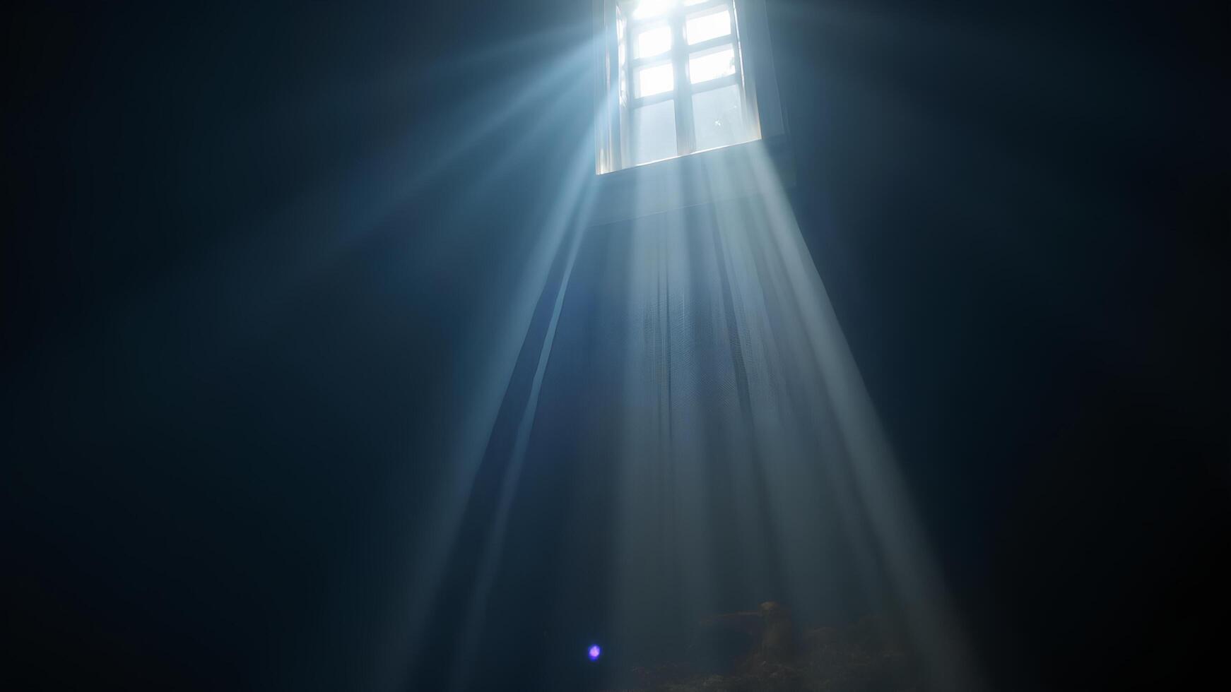 Light Beams Streaming Through Window in Dark Room with Shadows photo
