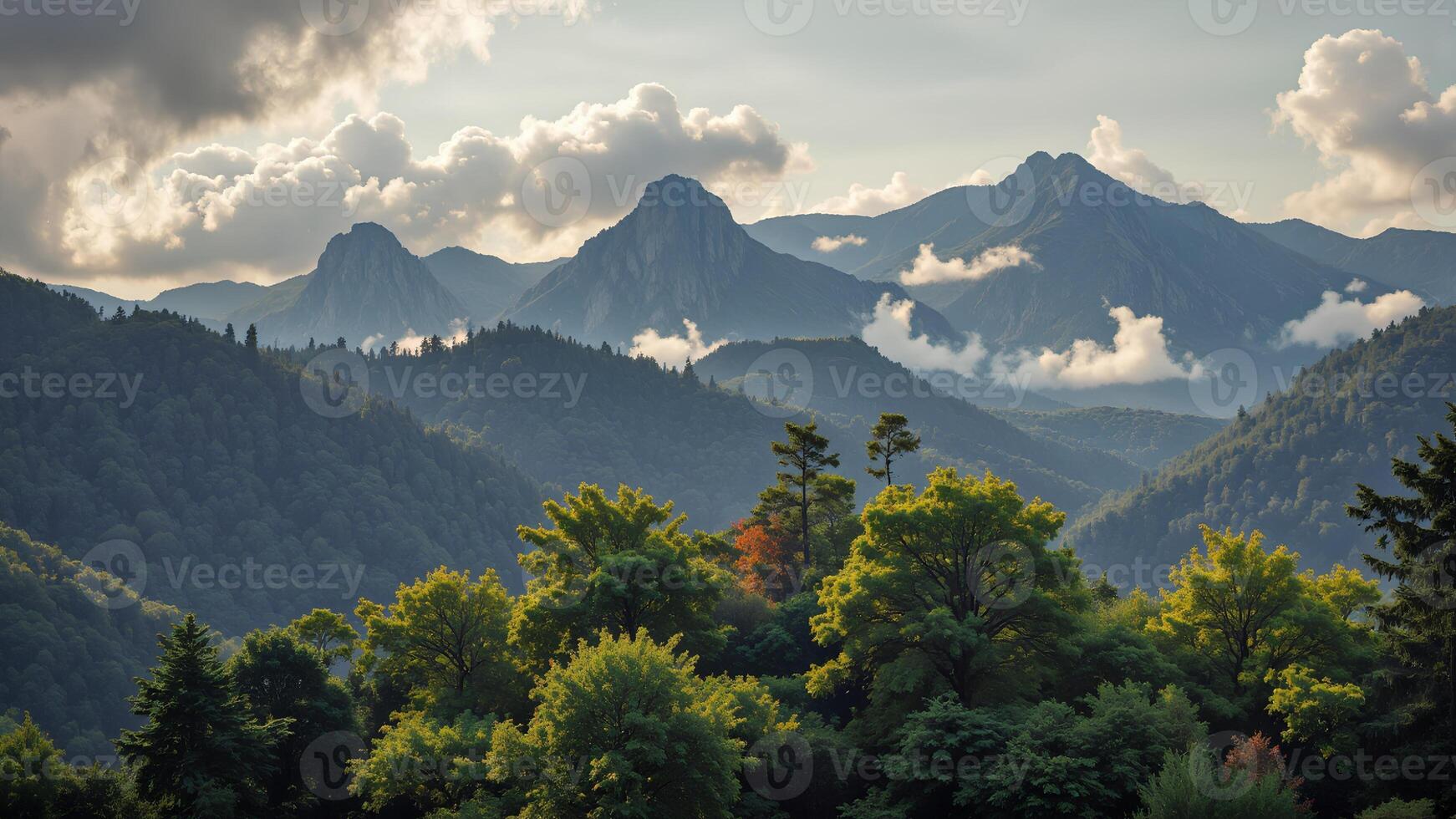 Serene Mountain Landscape Under Dramatic Cloudy Sky at Sunset photo
