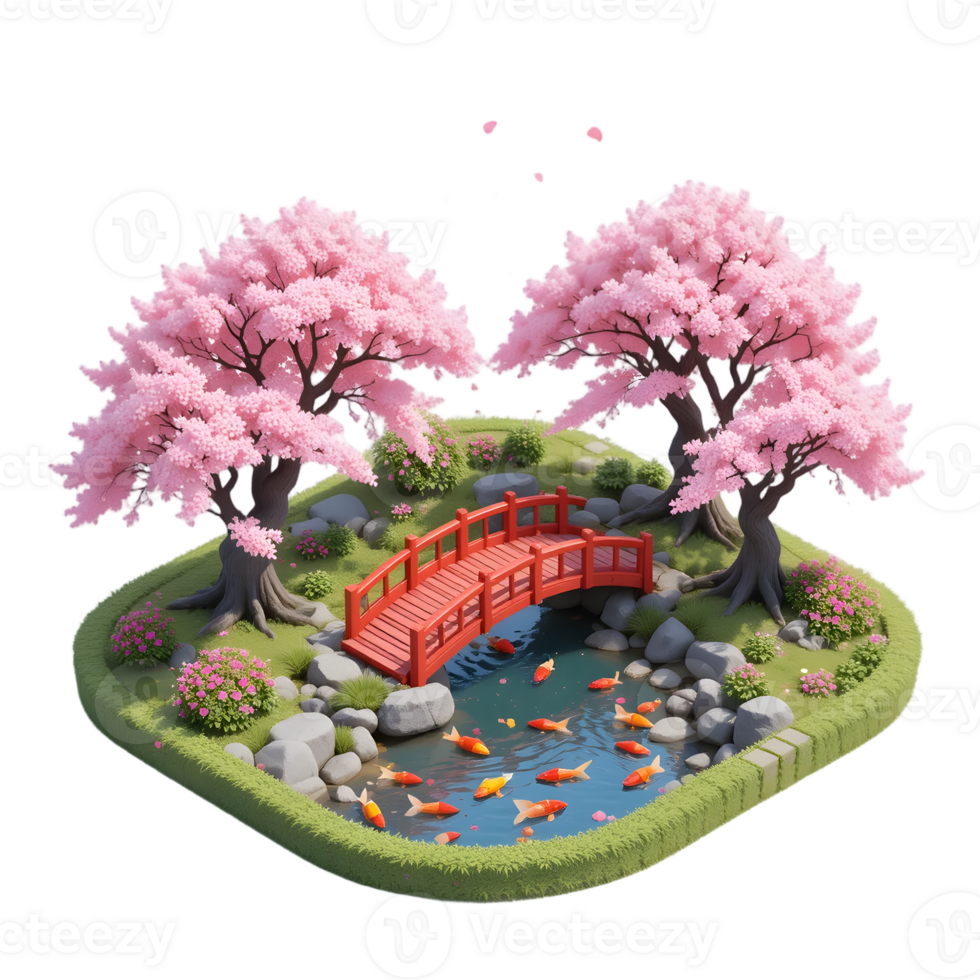 A japanese garden with a bridge and cherry trees png