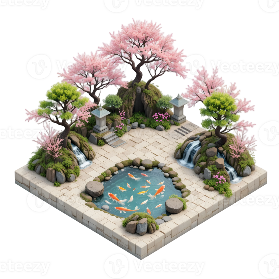 A japanese garden with a pond and trees png