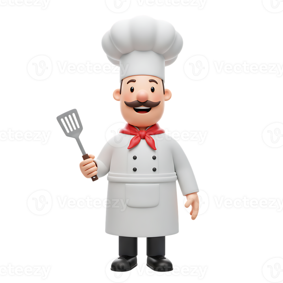 Smiling Chef Figure Holding Spatula, White Uniform, Red Scarf, Cartoon Style, Isolated png