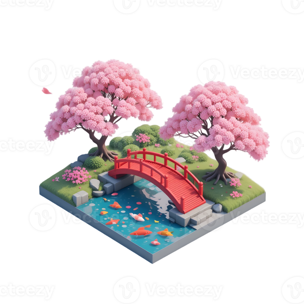 A japanese garden with cherry trees and a bridge png