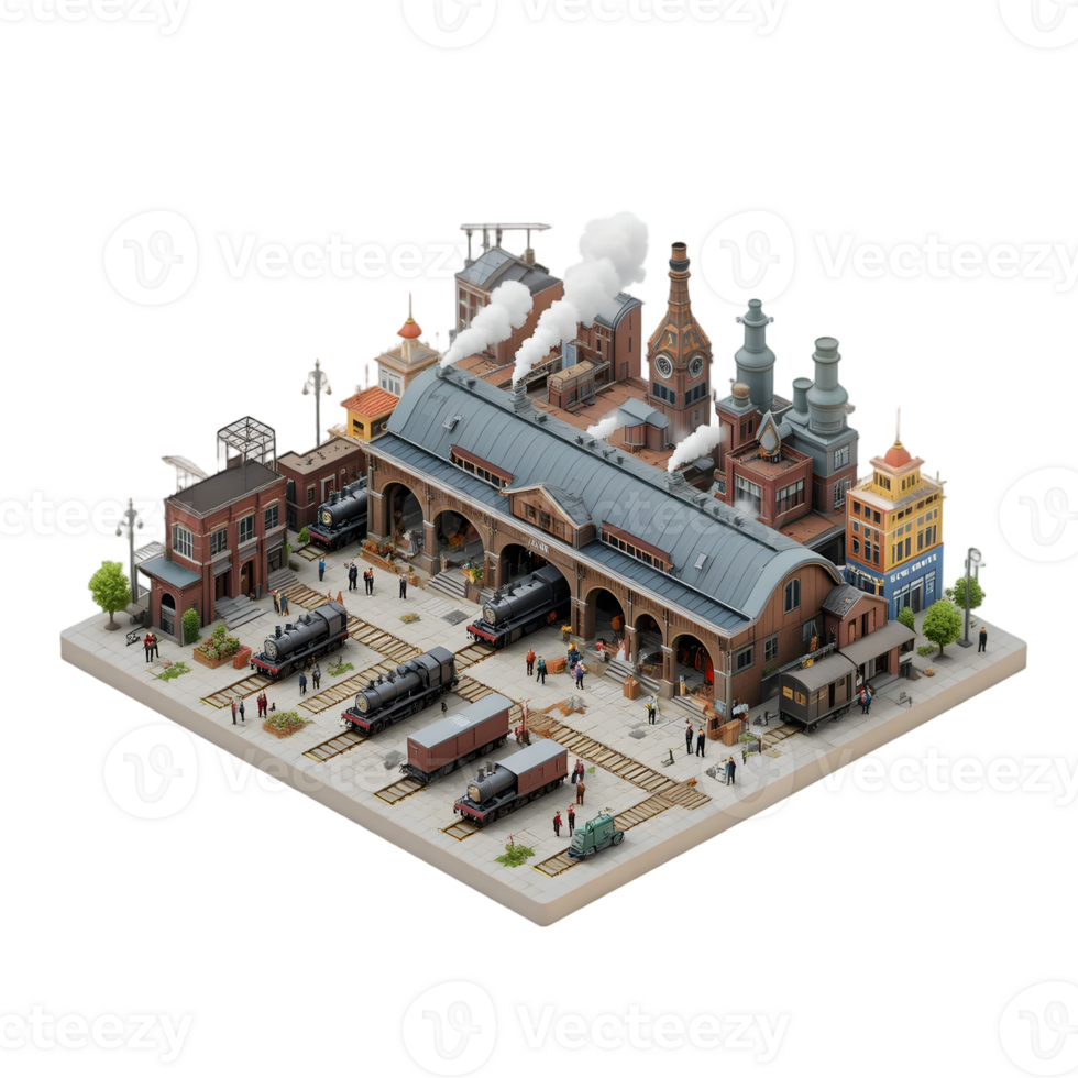 A 3d model of a train station with steam engines png
