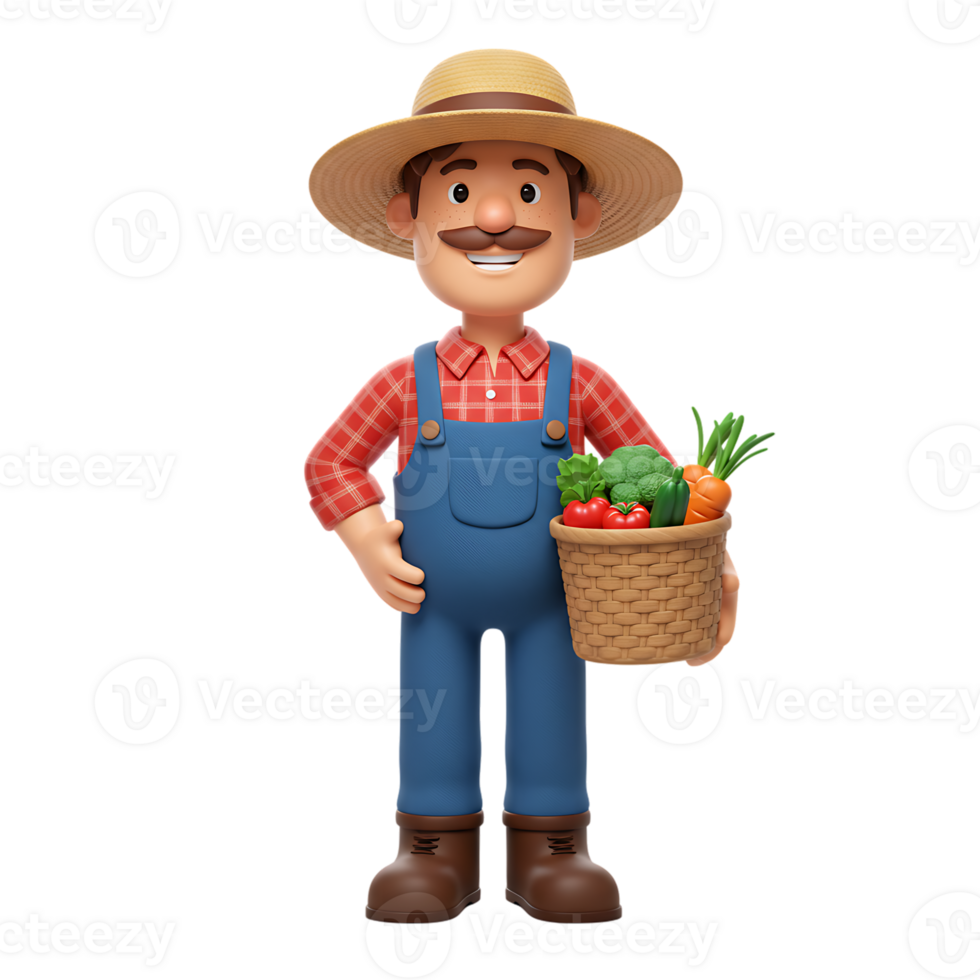 Happy Farmer Holding Basket of Vegetables 3D Render png