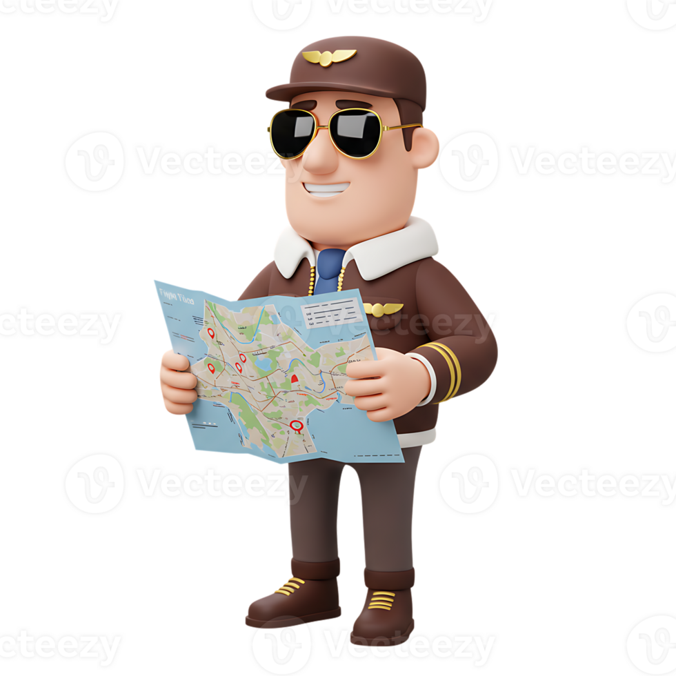 Happy Pilot Holding a Flight Map 3D Render png