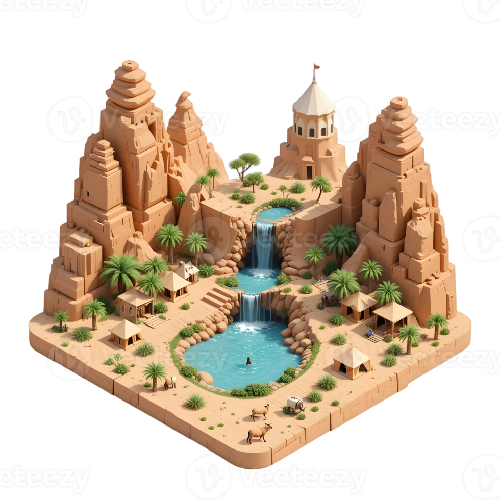 A desert landscape with a waterfall and palm trees png